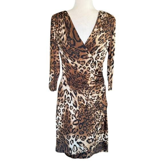 KAY UNGER Leopard Print Side-Zip Ruched Faux Wrap Stretch Dress 10 Mob Wife Vamp - Picture 1 of 12